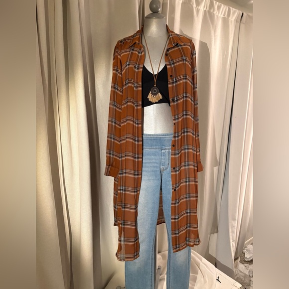 Forever 21 Tops - Forever 21 Plaid Sheer Longline Tunic Duster Shirt Cardigan Brown Boho Size M